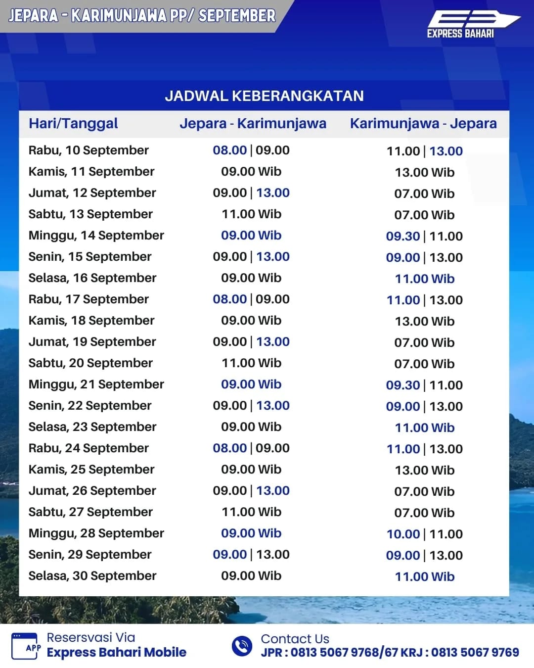 Jadwal Keberangkatan KMC. Express Bahari Bulan September 2025