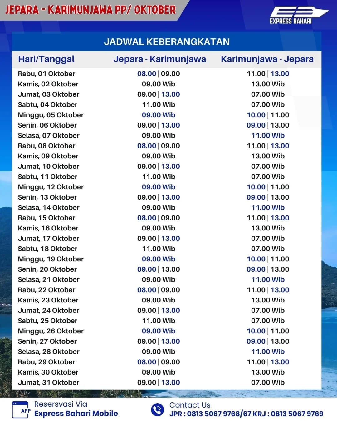  Jadwal Keberangkatan KMC. Express Bahari Bulan Oktober 2025