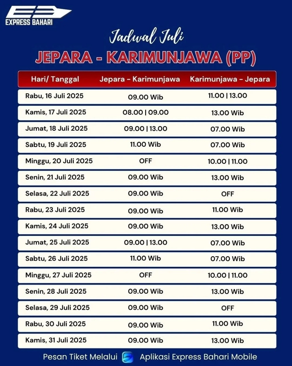 Jadwal Keberangkatan KMC. Express Bahari Bulan Juli 2025