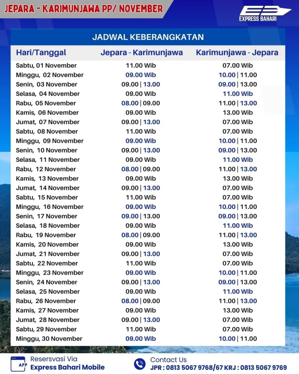 Jadwal Keberangkatan KMC. Express Bahari Bulan November 2025